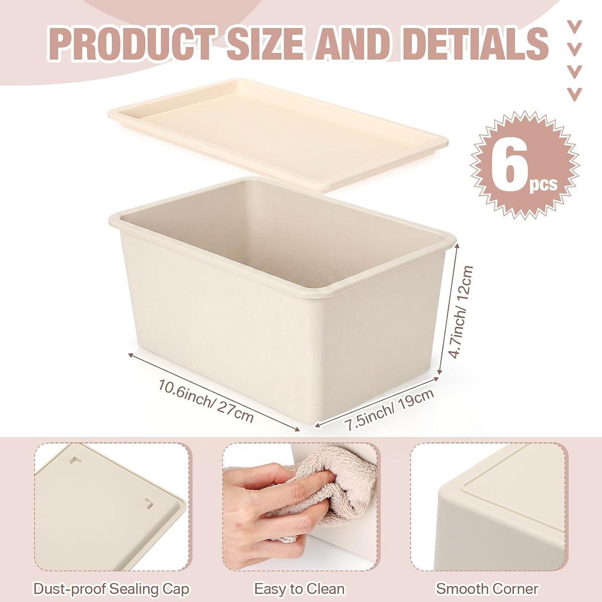 4 Pcs Storage Bins with Lids, Beige, Small Plastic Stackable Organizing Containers, Heavy Duty Storage Boxes for Classroom Room Shelves, Christmas Ornaments Baskets