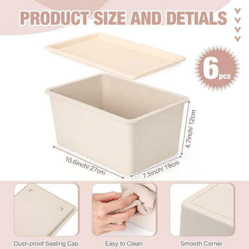 4 Pcs Storage Bins with Lids, Beige, Small Plastic Stackable Organizing Containers, Heavy Duty Storage Boxes for Classroom Room Shelves, Christmas Ornaments Baskets