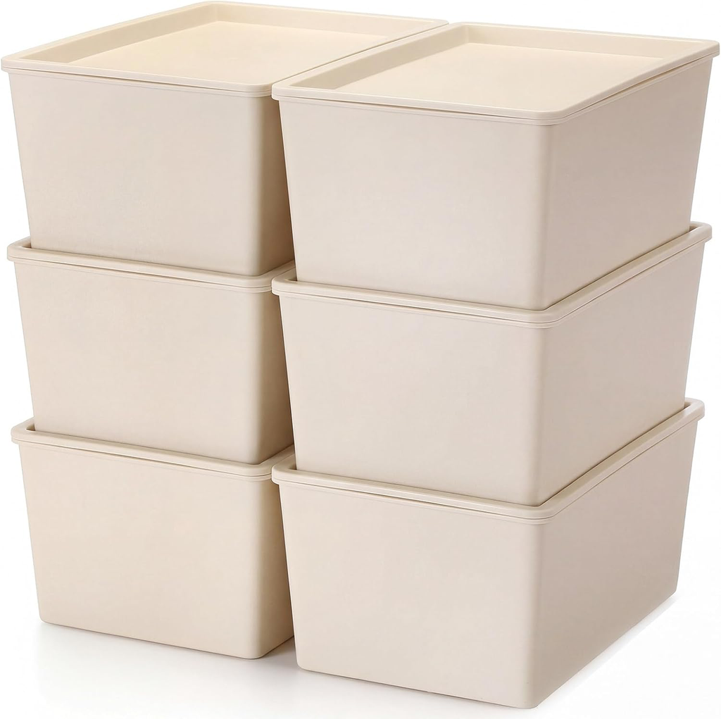 4 Pcs Storage Bins with Lids, Beige, Small Plastic Stackable Organizing Containers, Heavy Duty Storage Boxes for Classroom Room Shelves, Christmas Ornaments Baskets