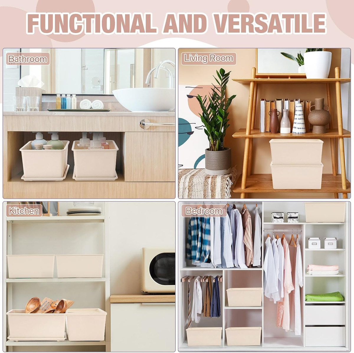4 Pcs Storage Bins with Lids, Beige, Small Plastic Stackable Organizing Containers, Heavy Duty Storage Boxes for Classroom Room Shelves, Christmas Ornaments Baskets