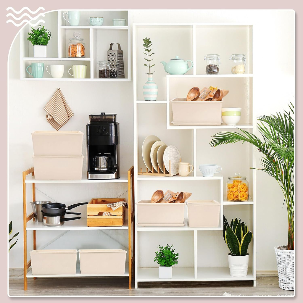 4 Pcs Storage Bins with Lids, Beige, Small Plastic Stackable Organizing Containers, Heavy Duty Storage Boxes for Classroom Room Shelves, Christmas Ornaments Baskets